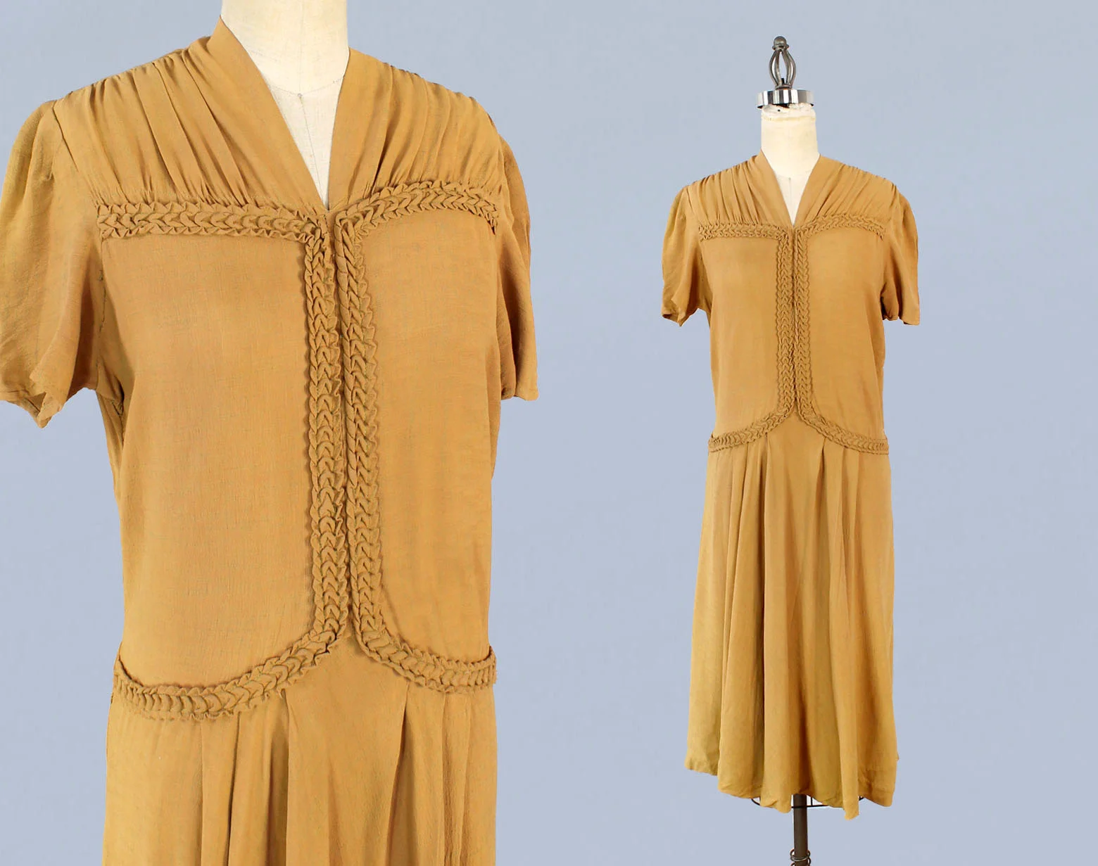 Mustard yellow crepe dress, late 1930s