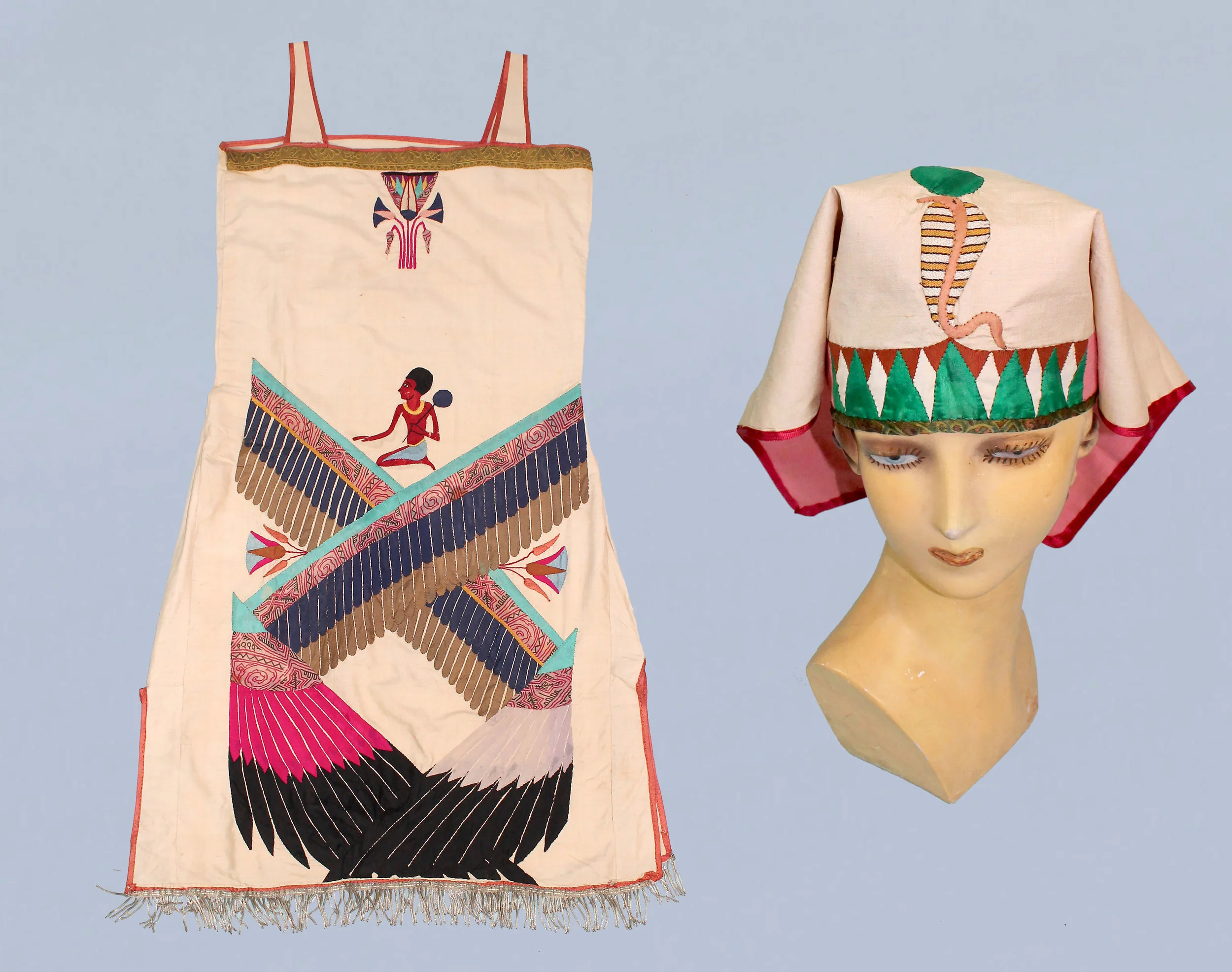 Raw silk Egyptian revival applique dress and headscarf. 1920s.