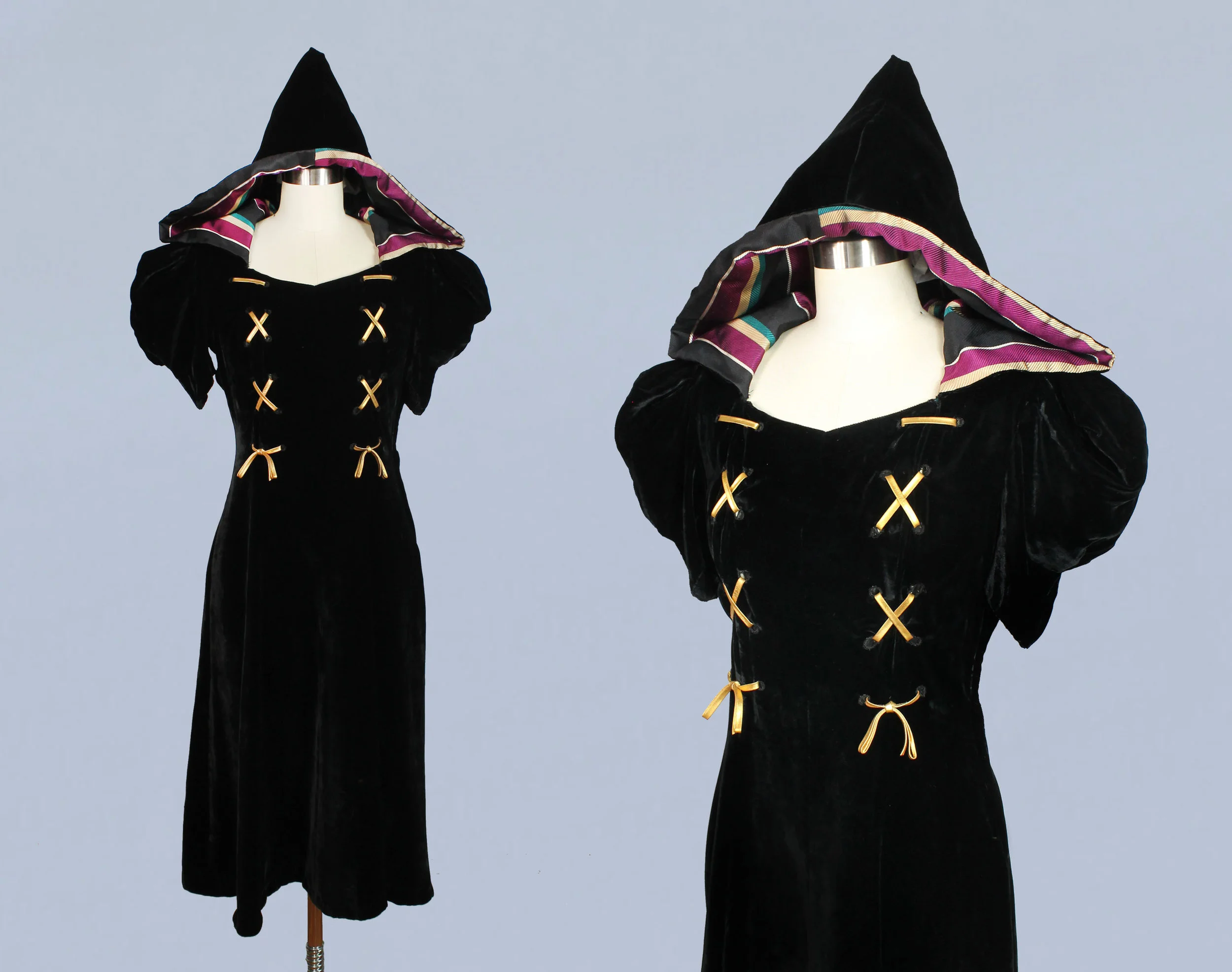 FOGA hooded velvet dress with gold lacing, 1930s