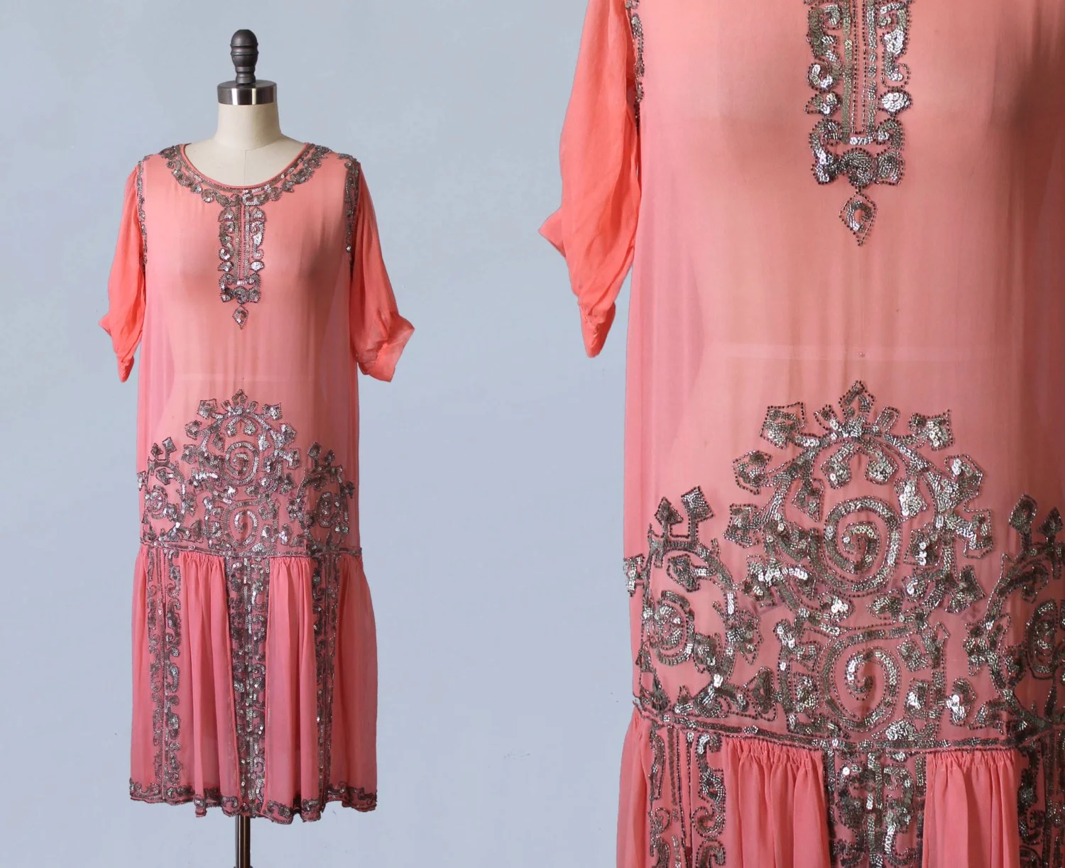 Pink silk dress with silver sequins, 1920s