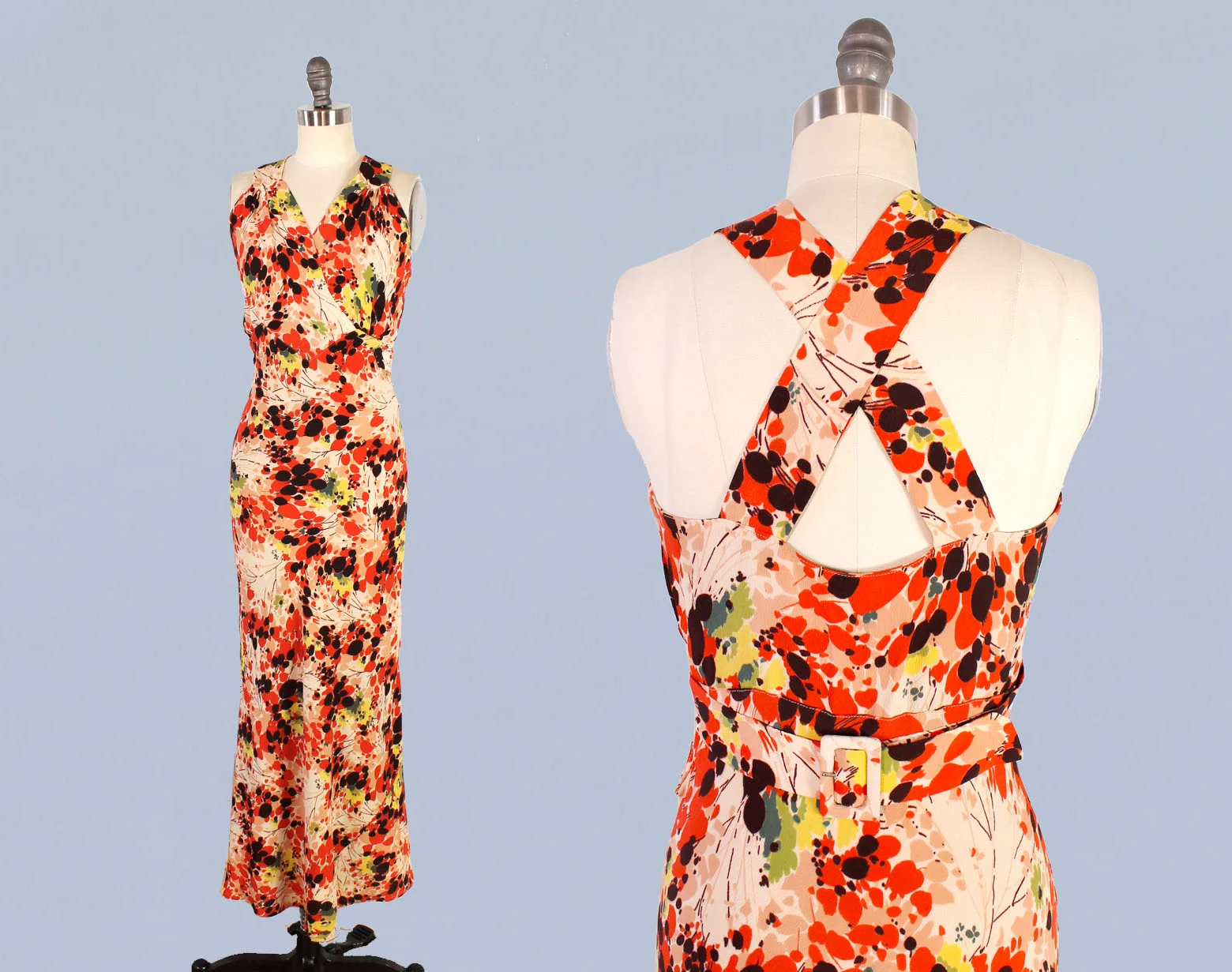 Orange floral printed crepe gown, 1930s