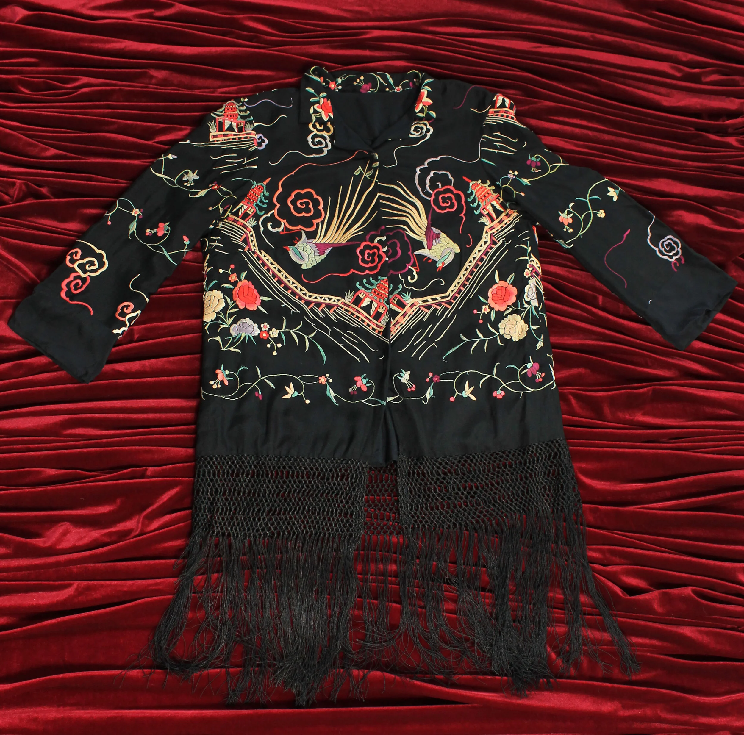 1920s Chinese Embroidered Piano Shawl Jacket with Fringe