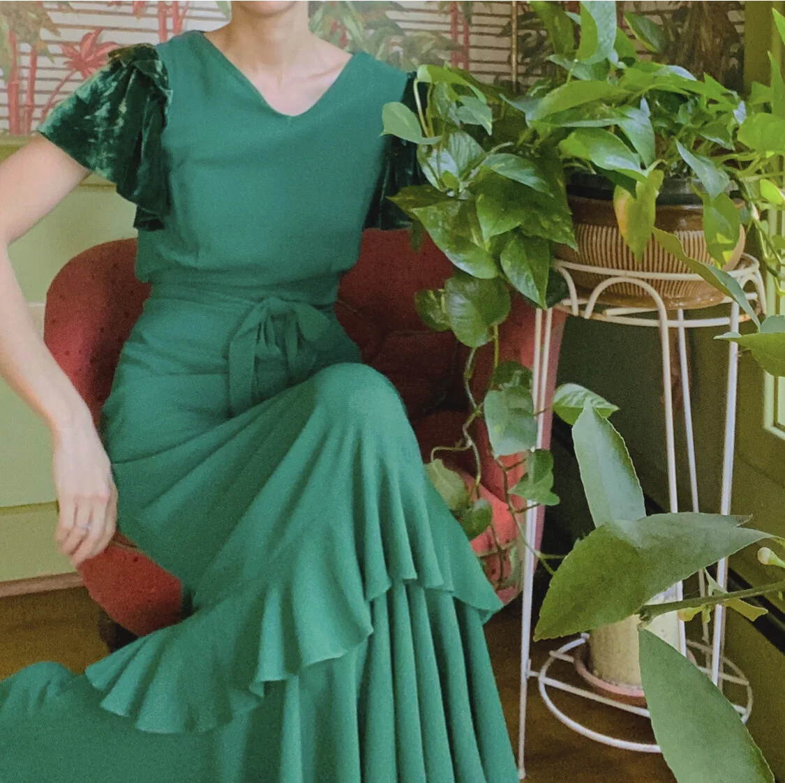 slim fit dress slacks 1930's Emerald Green Leaf Motif Sheer Silk Velvet Bias-Cut Gown & Bole