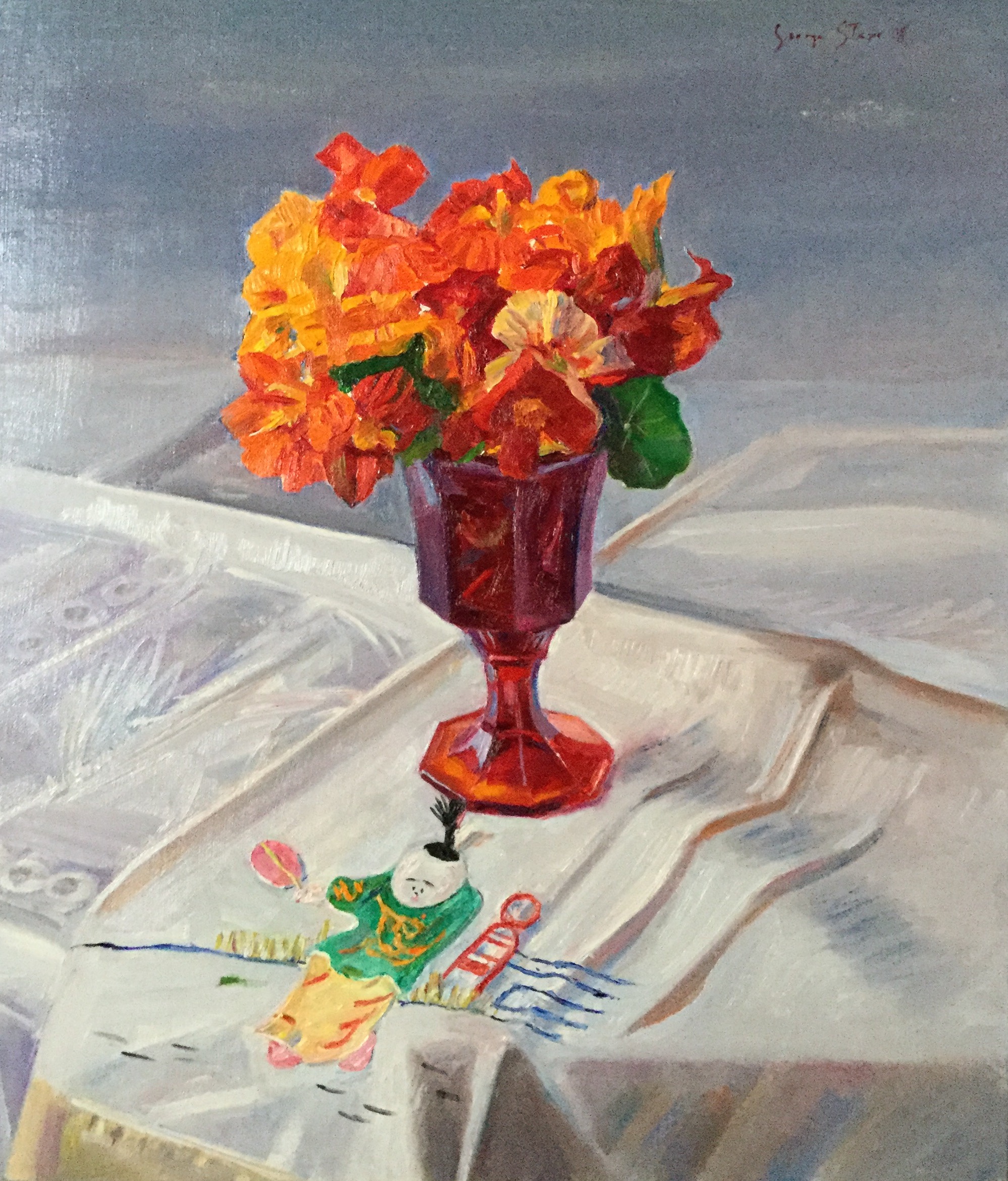 Nasturiums on a Chinese Hand Towel, 2008, o/l (2008.02)