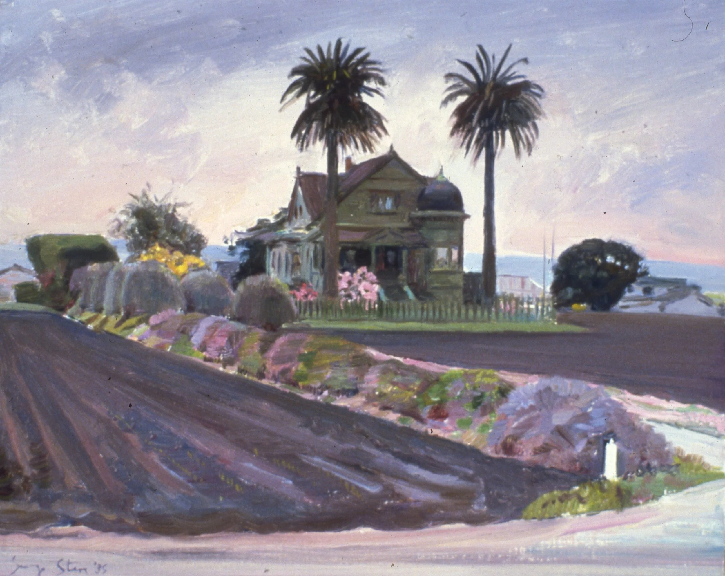 Landscape in Purple and Green, Grey Day, Salinas, CA, 1985, o/l, 9x11" (1985.04)