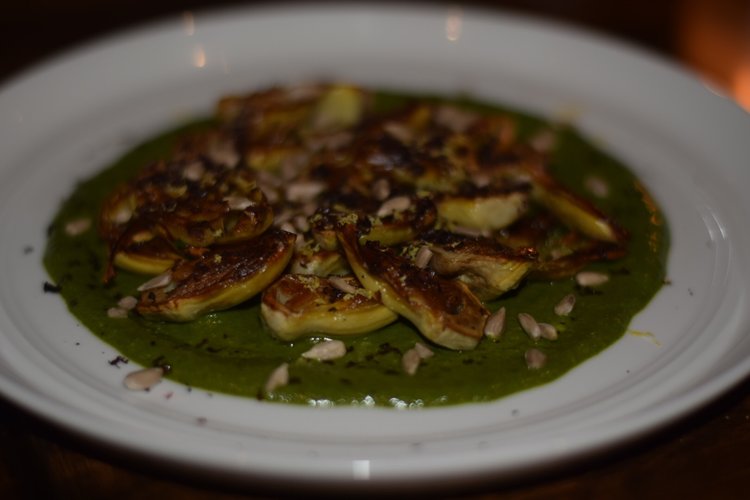 Baby Artichokes: sunflower seed pesto, dried kalamata olive, lemon
