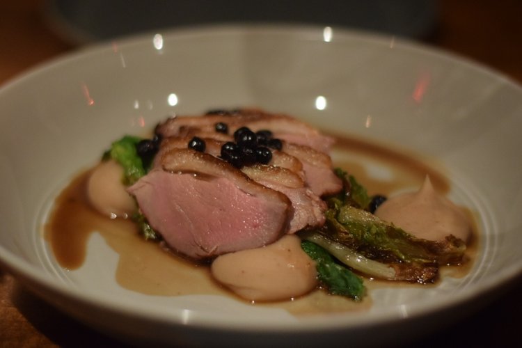 Duck Breast: chestnut puree, blueberries, chicory duck jus, escarole