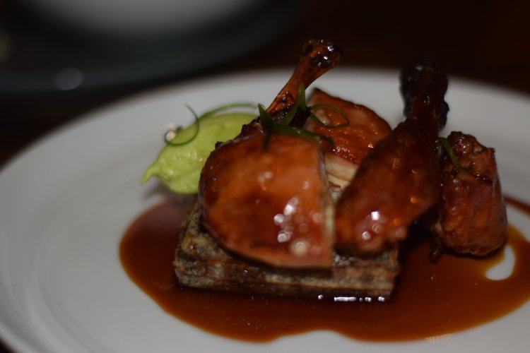 Peking Poussin: buckwheat waffle, soy syrup, scallion