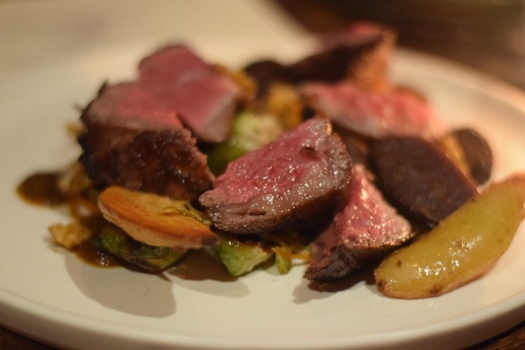 American Wagyu Strip: fingerling potatoes, brussels sprouts, kim-chimi