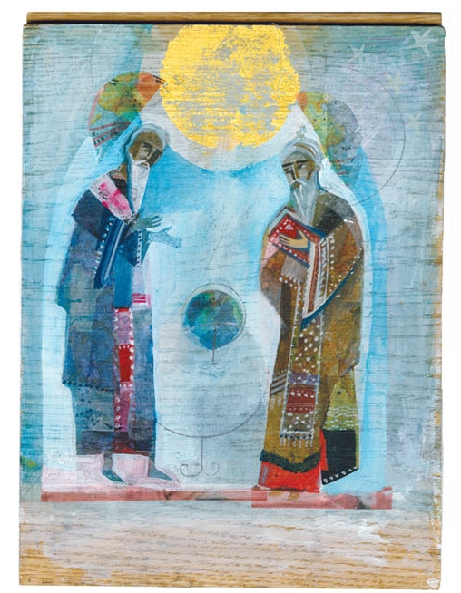 Print, watercolour, gouache & gold leaf on wood.