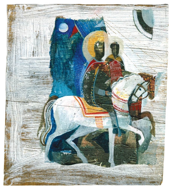 Print, collage and gouache on wood.