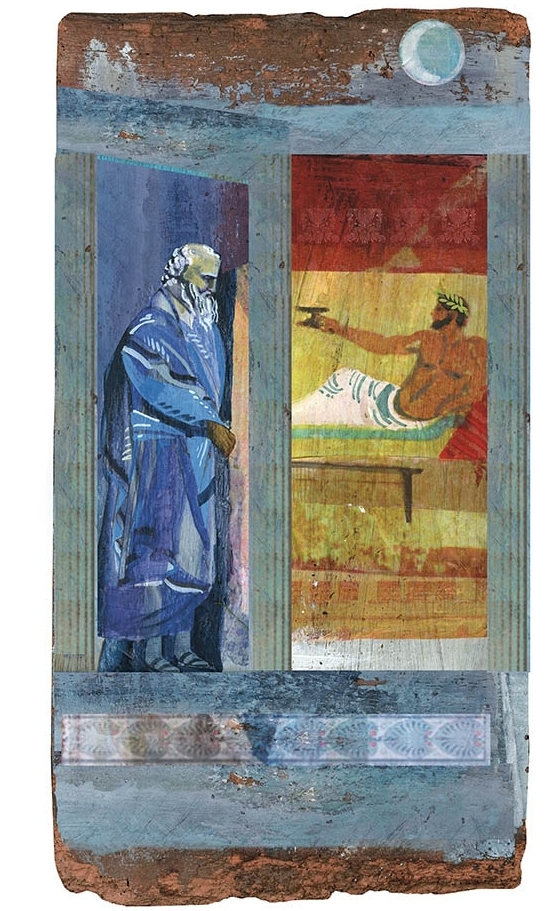 Painted on a wooden panel in mixed media with collage. Final additions made digitally.