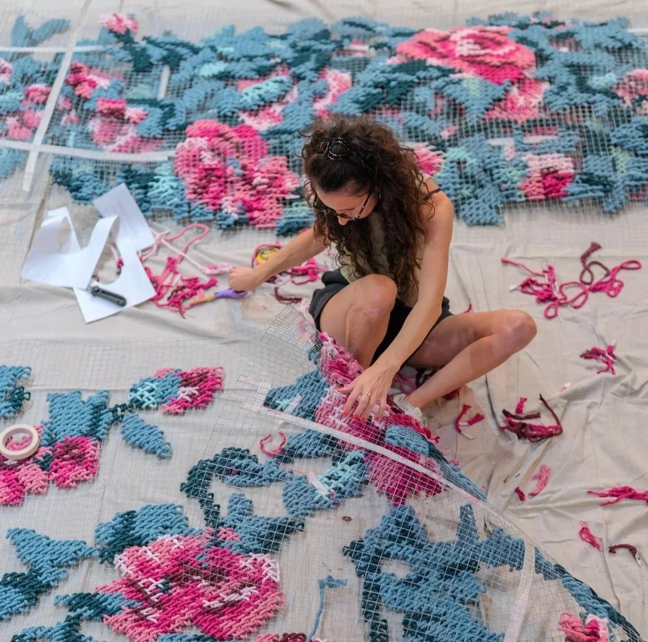 Large-scale embroidery public art installation by Raquel Rodrigo in Fort Worth, curated by JUSTKIDS
