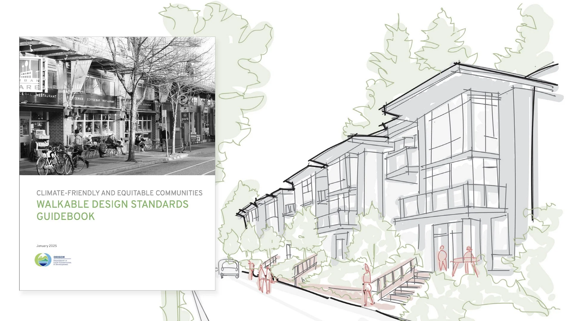 Illustration of a tree-lined street with houses and people walking with an inset of the cover of the Walkable Design Standards Guidebook