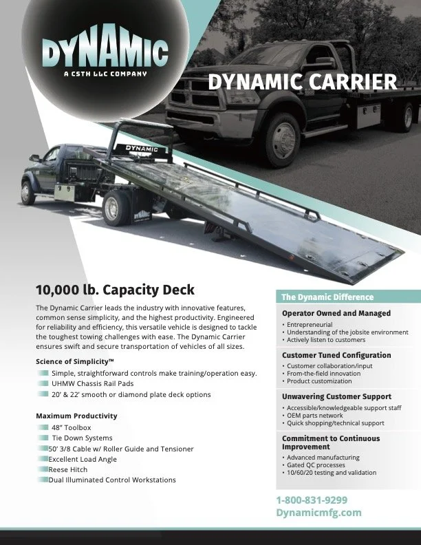 Flyer for Dynamic Carrier, a trucking company, featuring images of a flatbed truck and a semi-truck, with product details and contact information.