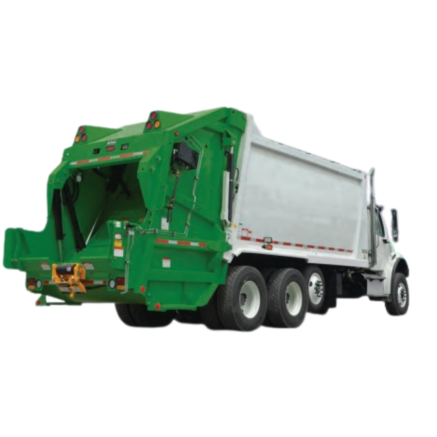 A semi-truck with a green and white garbage compactor attached.