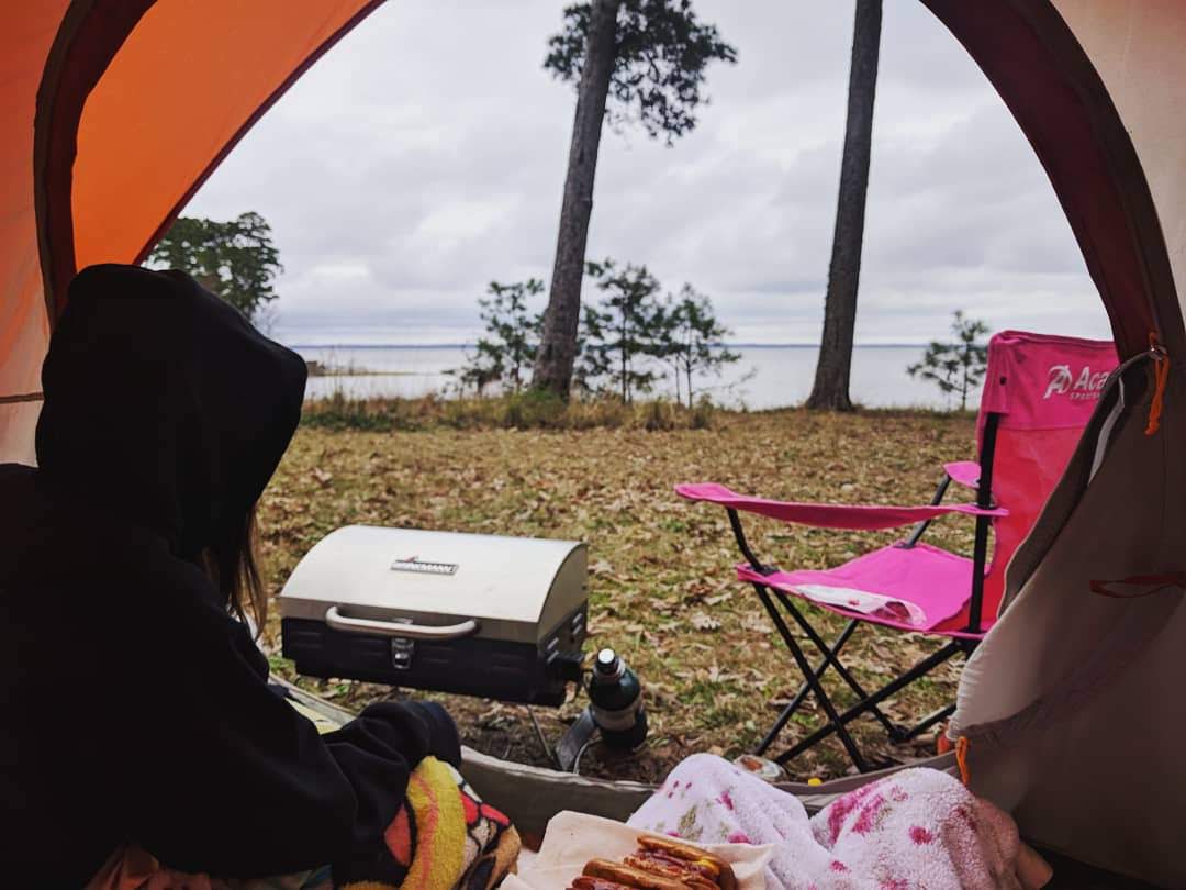 Tent life is the best life! Hot dogs made right in our doorway!