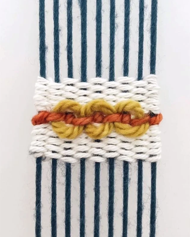 DIY FRIDAY // Chainlink Loops
⠀
This is a decorative basketweaving technique that I interpreted into modern weaving and included in September's monthly weaving project!
You can learn more about weaving by joining my online video classes on my website or DM me for help getting started!⠀ Save this post and follow #hhdiyfriday for more tutorials 😘
⠀
1. Begin by creating a space between two rows of weft tabby for support. 
2. Tie the first color of weft onto the first warp string. Guide it over the next warp string, and then completely around the next from front to back, creating a button knot. Repeat by going over the next warp string, and then a complete loop around the next to create a button knot. Add as many as you want, spreading them out as far as you want.
3. Guide the second weft up through two rows of tabby, under an area where the first weft floated over a warp string. Use a serpentine motion go guide it over and under the button knots. 
4. When you reach the end, turn around and guide the second warp string over and under the button knots again, crossing over the first pass to complete the illusion of circles. 
5. Guide the end under the same float as before, between two warp strings and tie it in the back.
Add on multiple rows or even alternate smaller and bigger sizes to experiment with this look!
⠀
What kind of creative projects do you have planned this weekend?⠀
XO⠀
Lindsey⠀
.⠀
.⠀
⠀
.⠀
.⠀
.⠀
.⠀
.⠀
#fiberartist #loom #design #fiberart #weaverfever #weaving #woven #weave #weaversofinstagram #handwoven #textiles #love #wool #textileart #makersgonnamake #hhdiyfriday #etsy #yarn #weavingloom #makersmovement #art #weaver #handmade #tapestry #fashion #wallhanging #homedecor #textiledesign #wovenwallhanging