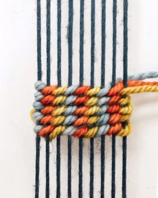 DIY FRIDAY // TriColor Twining
⠀
I’ve been saving this technique because it’s my new favorite and seemed like the perfect way to end September’s twining month!
You can learn more about weaving by joining my online video classes on my website or DM me for help getting started!⠀ Save this post and follow #hhdiyfriday for more tutorials 😘
⠀
1. Tie three wefts together and slide the onto the first warp string so that one color is on the surface and two are behind.
2. For twining, hold all the colors in front of the surface. Pull the color that you want to appear ON TOP of the next warp string down, out of the way, and slide the rest of the colors BEHIND the next warp string. Just remember this sequence and repeat it, working through the colors.
3. Turn around by twisting the colors together and guiding the colors that you don’t want to be on the surface of the first warp behind the first warp.
4. Now begin twining in a downwards motion. Instead of pulling the wefts above each other, pull them underneath. Move the color that you want to appear ON TOP of the next warp string up, out of the way, and slide the rest of the colors BEHIND the next warp string. Continue the pattern, making sure the colors match up with the previous row.
5. Add as many rows as you want, alternating the rows by pulling the wefts above each other vs below each other so that their angles line up.
⠀
Can you guess what the back of this technique looks like? Would you believe me if I said it’s just as clean as the front!? Can you believe October starts next week? Are you starting any projects for the last quarter of 2019 soon?

XO⠀
Lindsey⠀
.⠀
.⠀
⠀
.⠀
.⠀
.⠀
.⠀
.⠀
#fiberartist #loom #design #fiberart #weaverfever #weaving #woven #weave #weaversofinstagram #handwoven #textiles #love #wool #textileart #makersgonnamake #hhdiyfriday #etsy #yarn #weavingloom #makersmovement #art #weaver #handmade #tapestry #fashion #wallhanging #homedecor #textiledesign #wovenwallhanging