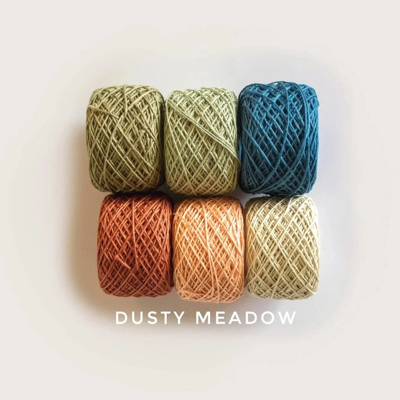 Six balls of yarn in beige, green, blue, orange, peach, and cream colors arranged in two rows on a white background with the text 'Dusty Meadow'
