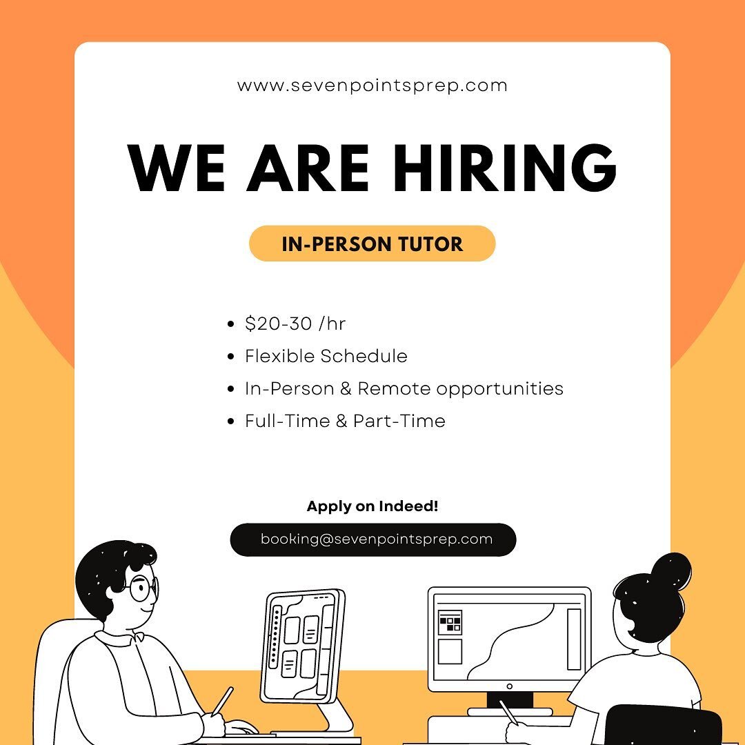 Come work with us!
.
.

#sevenpointsprep #testprep #actprep #satprep #collegeadmissions #tutoring #mathtutor #onlinetutor #tutoringcenter #admissionsjourney #collegeessay #collegegoals #applyingtocollege #getintocollege #collegeapplication #seattletu