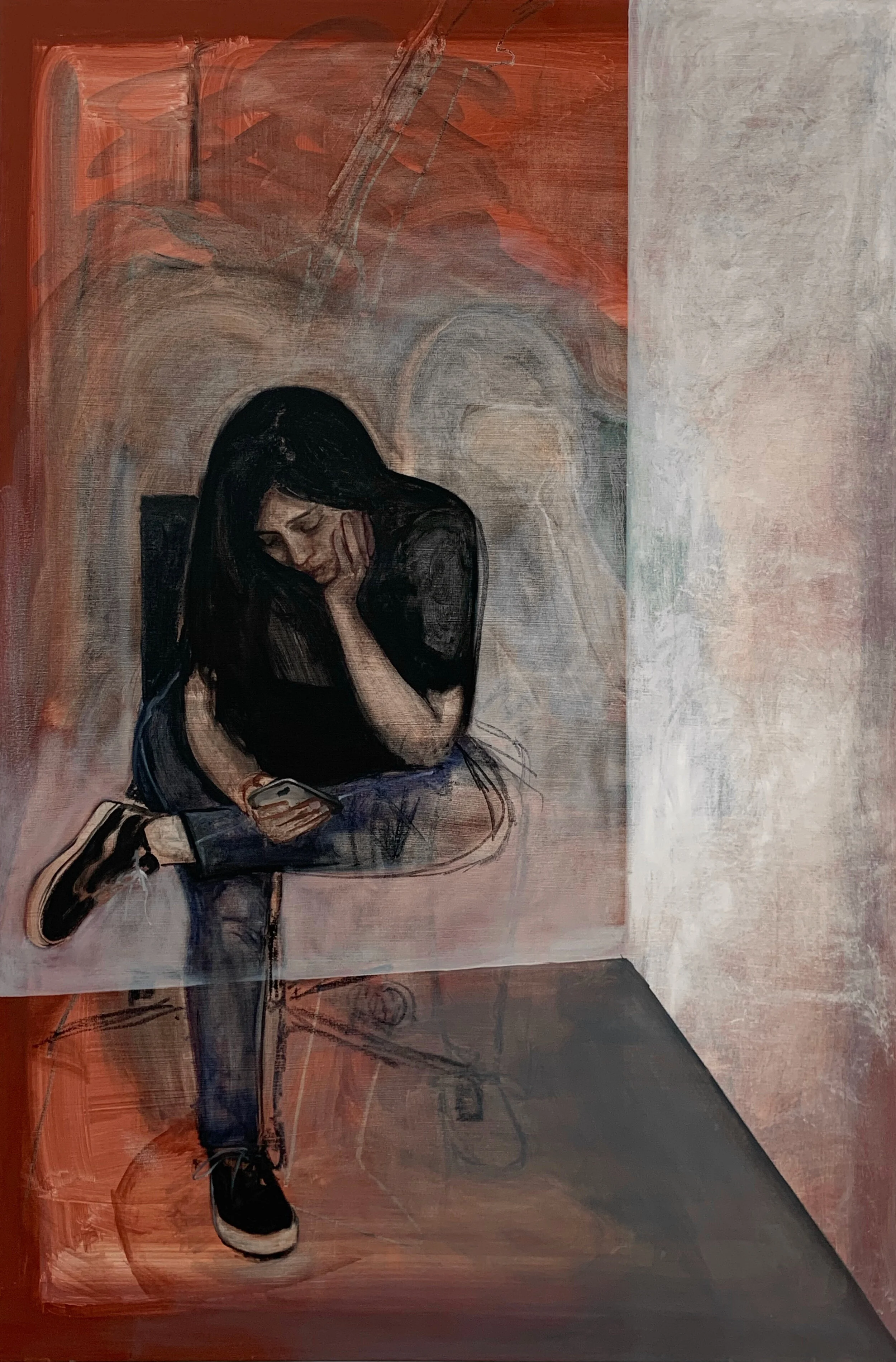 'Divya In The Studio On Her Phone'
oil on canvas, 72 x 48 inches, 2019