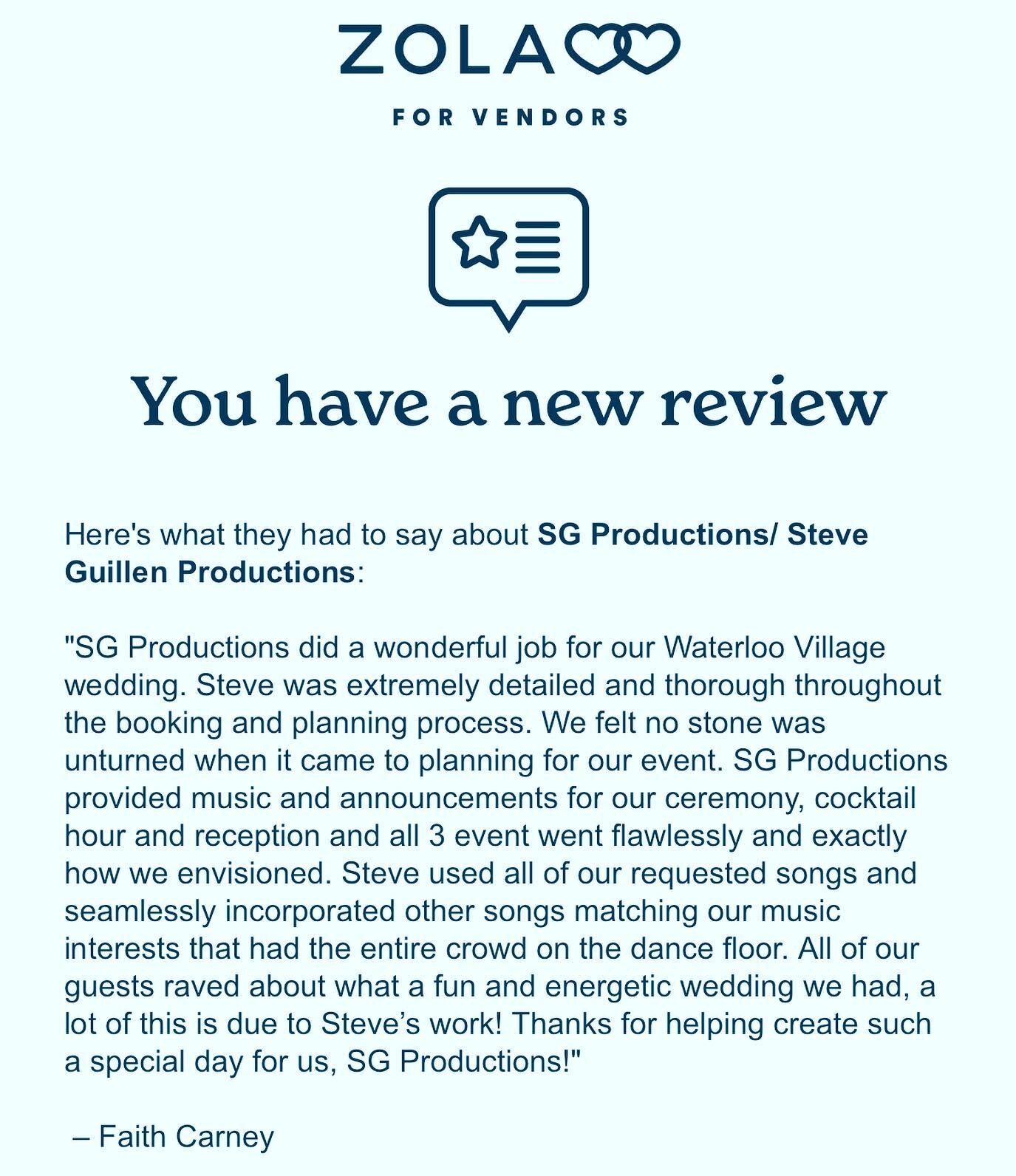 Thank you Faith and James!  #zolareviews #zolaweddings #clientreview #5starreview  #happywedding #newlyweds💍 #weddingvibes #elegancetraditionfun @@steveguillenproductions