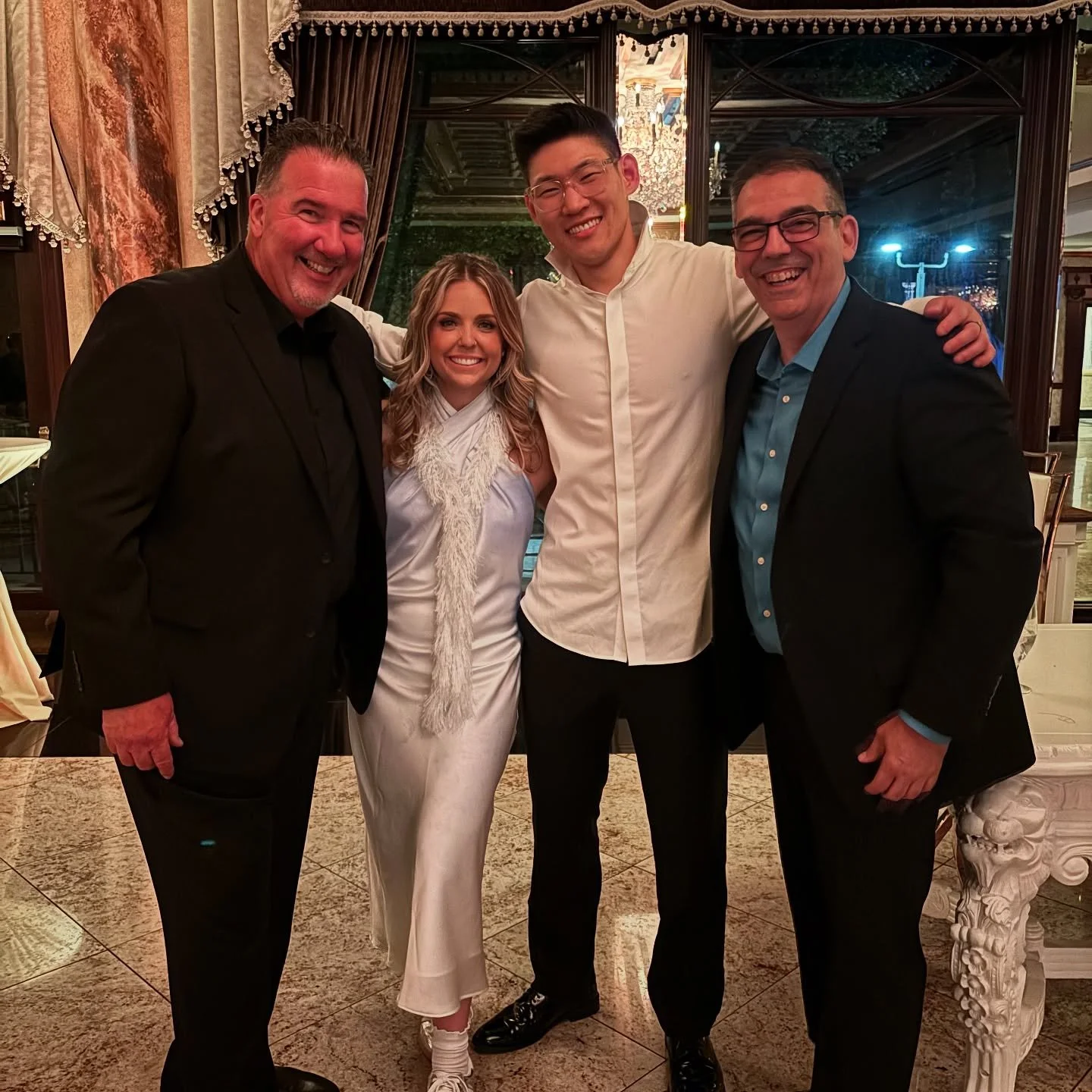 Quick selfie with our amazing bride and groom, Danielle and Alex, along with DJs Bill and Steven bringing the music and lighting magic to their wedding at Seasons this weekend. Thanks for letting our team be part of your celebration! #sgproductions #