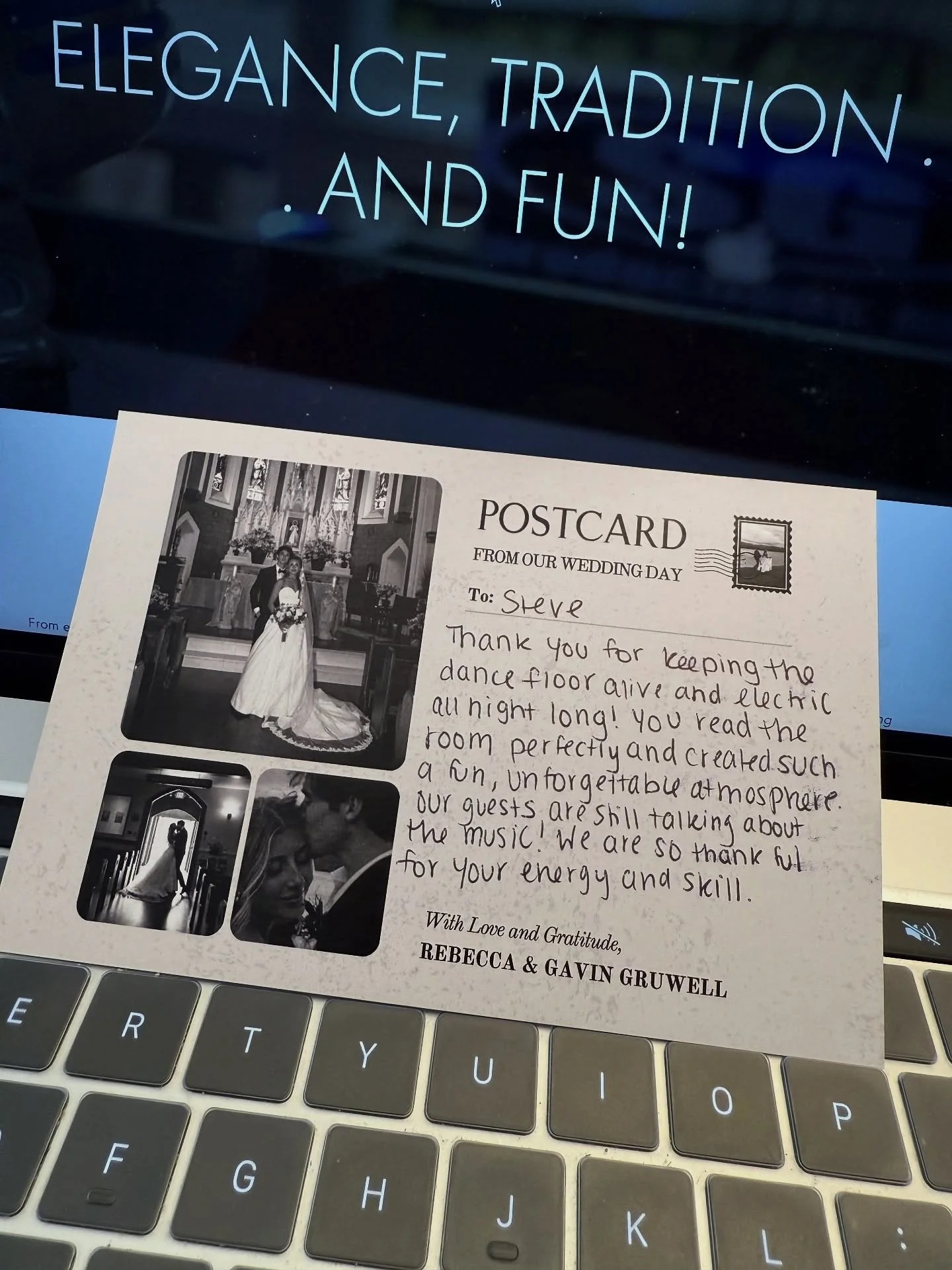 Look what arrived this morning! A beautiful thank-you postcard from Rebecca and Gavin 💌 Your kind words truly mean the world to us. Moments like these make everything we do so worth it! 🥰 #Grateful #WeddingMemories #SGProductions