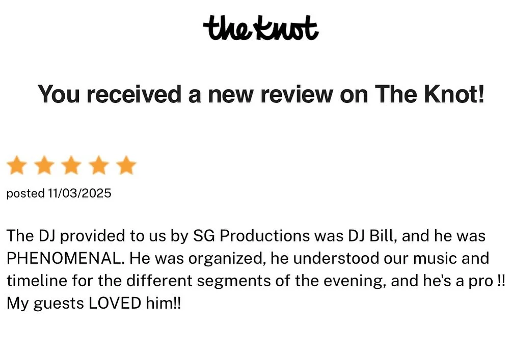 Such a wonderful review from Zandra &amp; Craig! 💍
Their October 25 wedding at the beautiful Casa Bianca was amazing &mdash; big thanks to DJ Bill for keeping the party going all night! 🎶✨

#CasaBianca #WeddingDJ #NJWeddings #SGProductions #Wedding