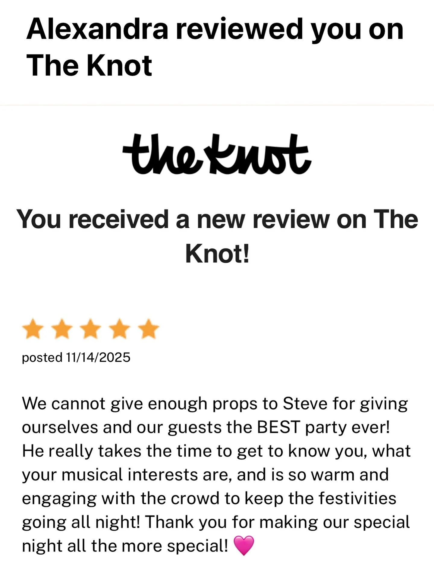 ✨ Another 5-Star Review! ✨
Thank you so much Alexandra &amp; Justin for your kind words and for trusting us with your big day. It was an honor to be part of your celebration! Wishing you both a lifetime of love and happiness.

#SGProductions #TheKnot