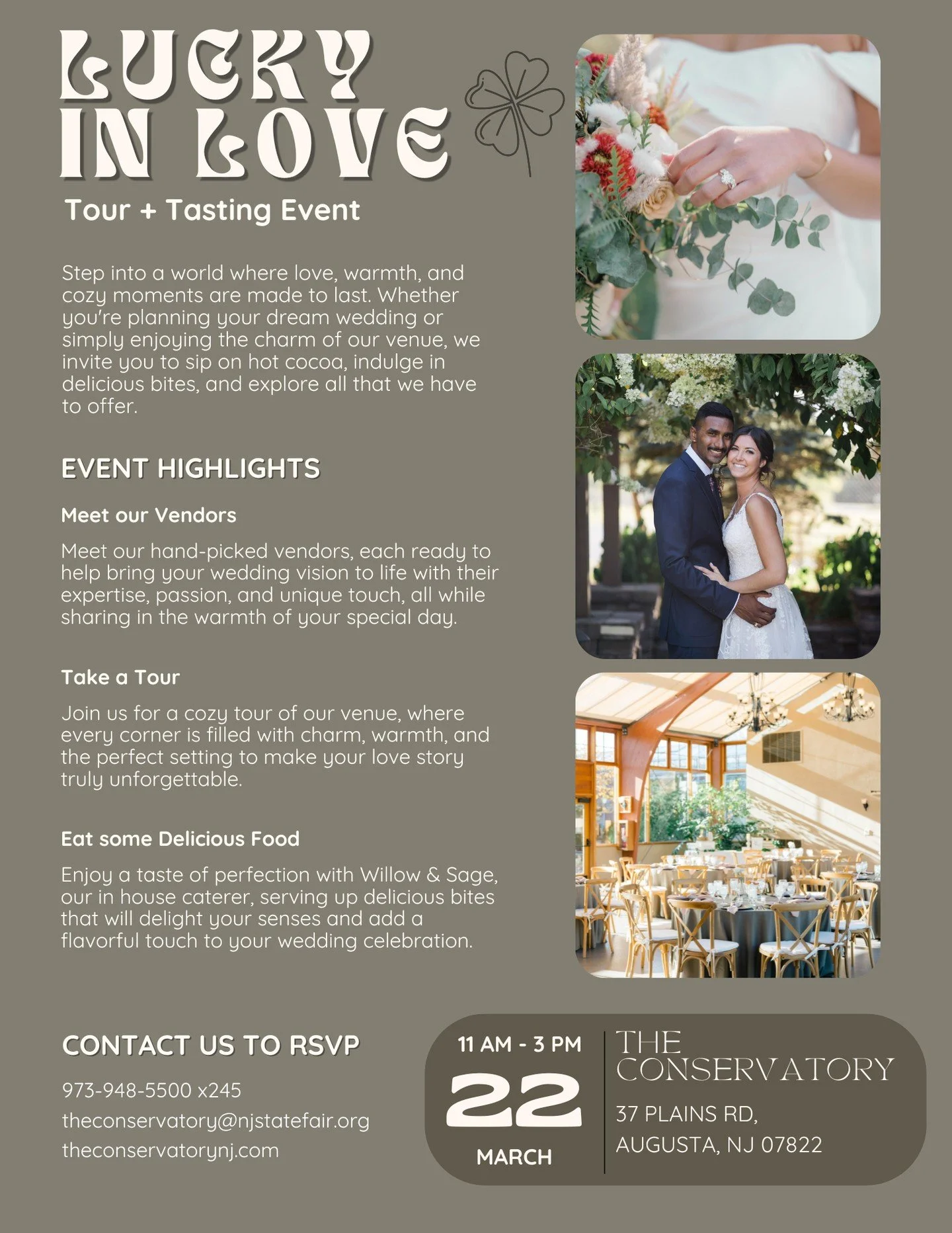 Planning your wedding or still searching for a venue?

Join us this Sunday for a Private Tour &amp; Tasting at the beautiful Sussex County Fairgrounds Conservatory 🌿✨

Skip the crowds and enjoy an intimate afternoon touring the space, meeting top ve