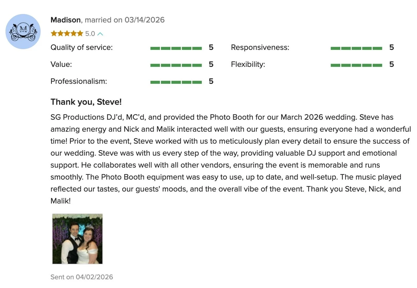 ✨ 5⭐️ WeddingWire Review ✨

Amazing celebrating Maddie &amp; Matt&rsquo;s big day&mdash;great energy, packed dance floor, unforgettable night! 🙌

So grateful for the kind words and trust 💍

Planning your wedding? Let&rsquo;s make it epic 🎧
DM us o