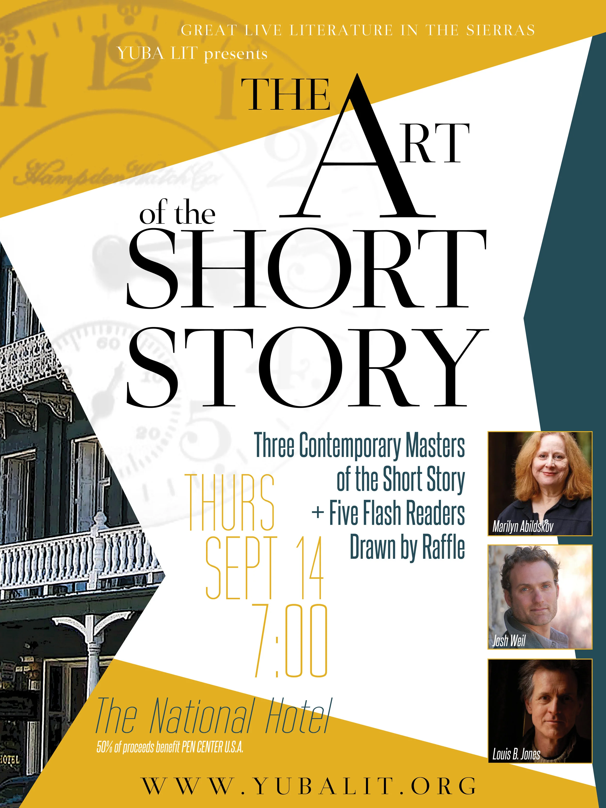 Poster promo for Yuba Lit reading : Short Story Masters at the National Hotel in Nevada City.