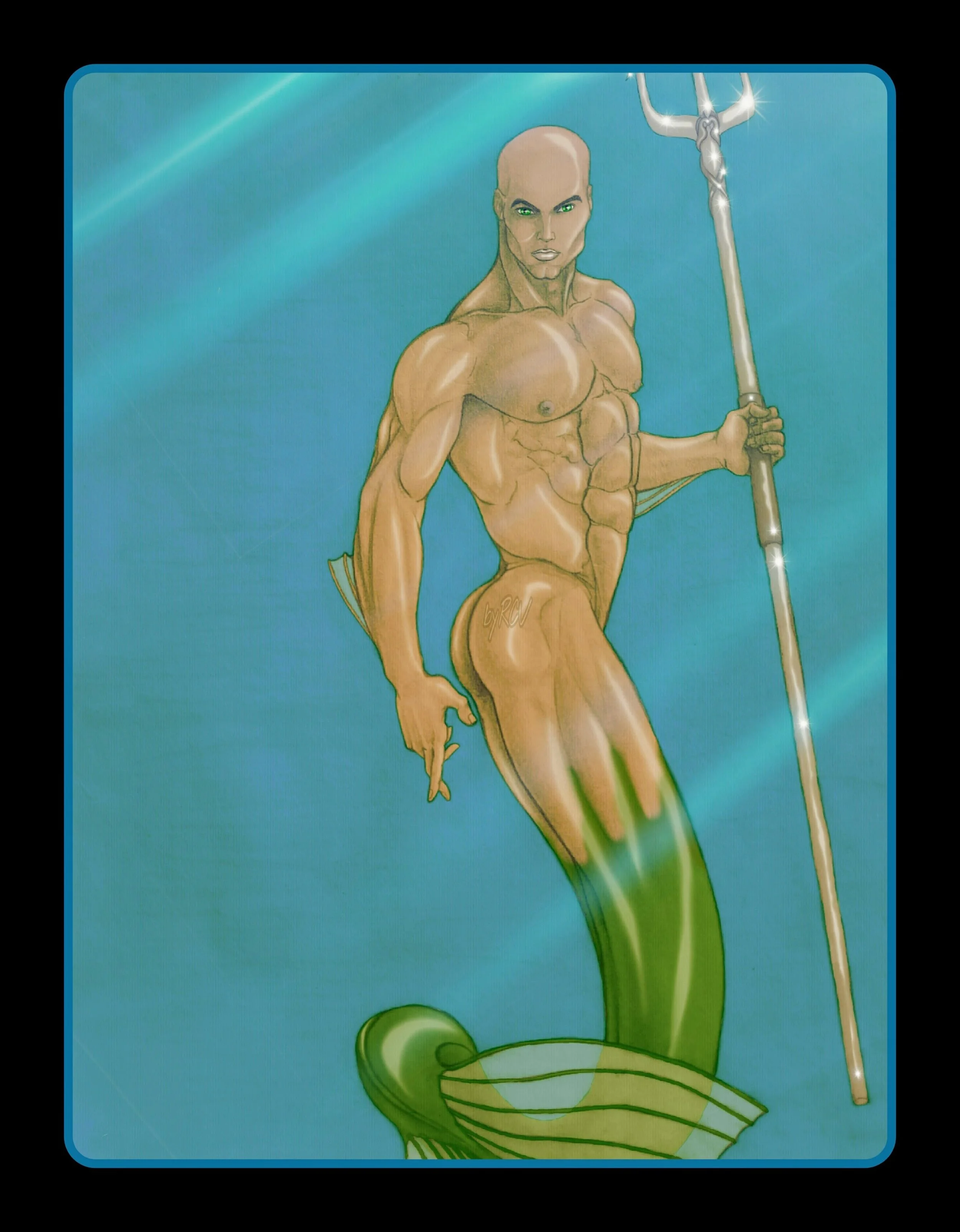  Added some CG color to one of my early merman pencil drawing.  