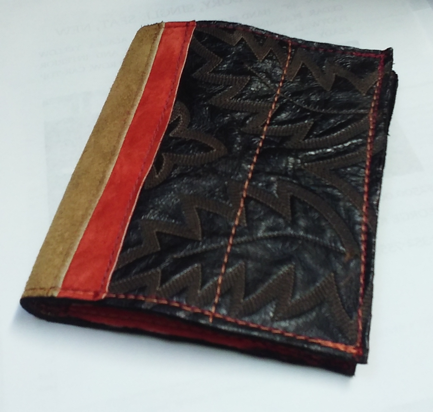 4.5"x 5.5", recycled leather and silk, $50