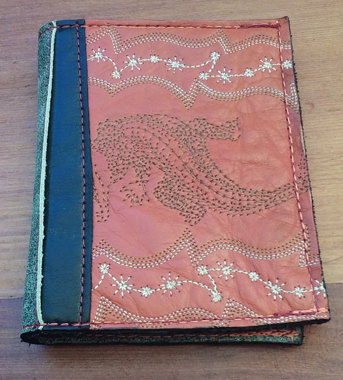 4.5"x 5.5", recycled leather and silk, $50