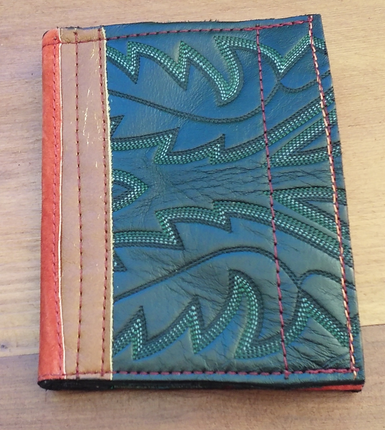 4.5"x 5.5", recycled leather and silk, $50