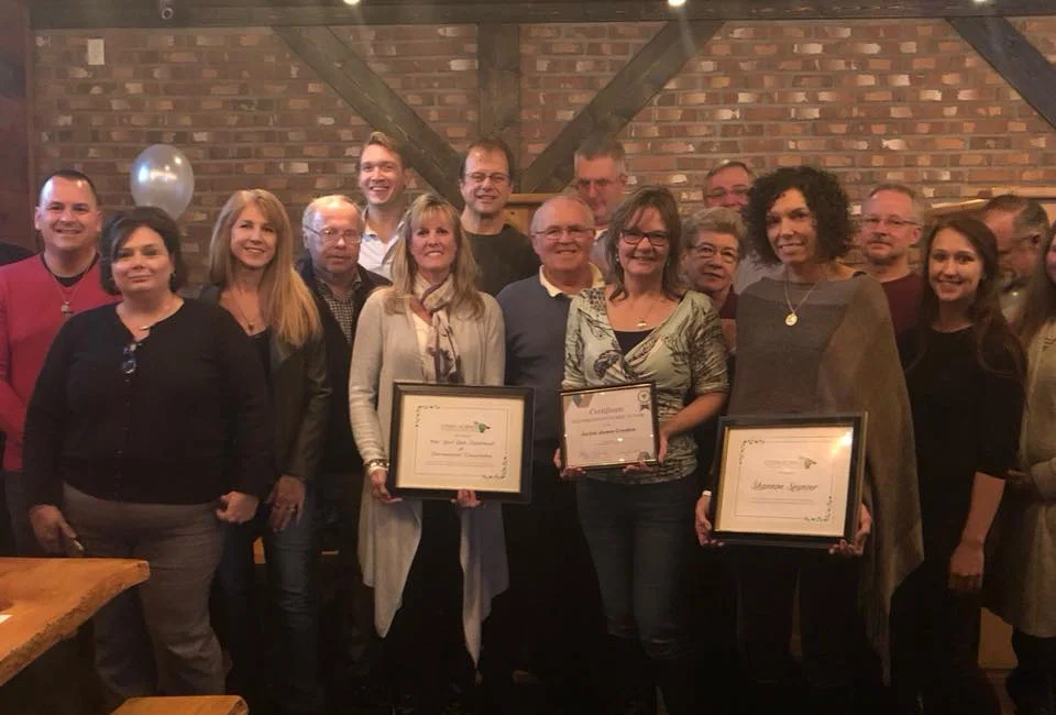 Folks holding awards are Terri Much (NYSDEC), Jackie James Creedon and Shannon Spencer (GI resident). Also in photo are : Our residents with City of Tonawanda Mayor Rick Davis, GI Supervisor Nate McMurray and CSCR's board President Phil Haberstro.