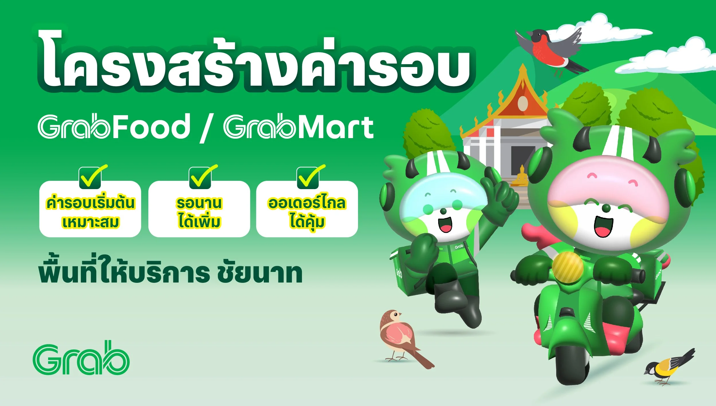 [ชัยนาท🛵] โครงสร้างค่ารอบ GrabFood / GrabBike (Win) / GrabMart / GrabExpress (Bike)