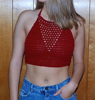 Red Mesh V Crochet Top