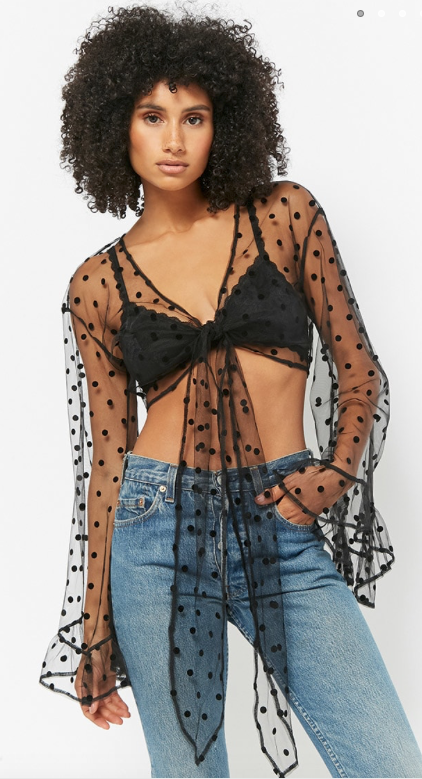 Sheer Polka Dot Self-Tie Crop Top