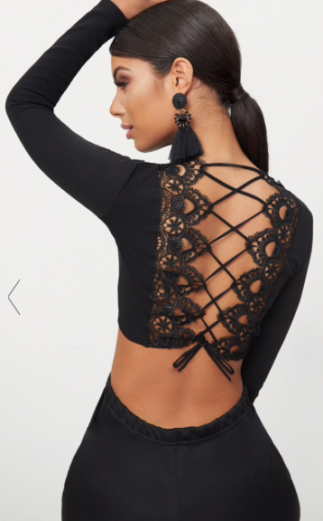 BLACK LACE UP BACK LONG SLEEVE CROP TOP