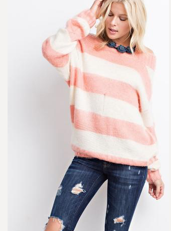 DISTRESSED FUZZY KNIT SWEATER - CORAL AND OATMEAL