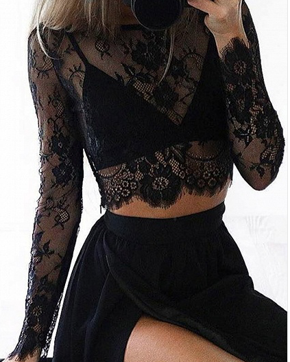 Black Long Sleeve Lace Crop Top