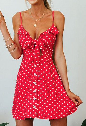 Red Polka Dot Chiffon V-neck Open Back Chic Women Cami Mini Dress
