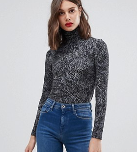 Warehouse roll neck top in gray leopard print