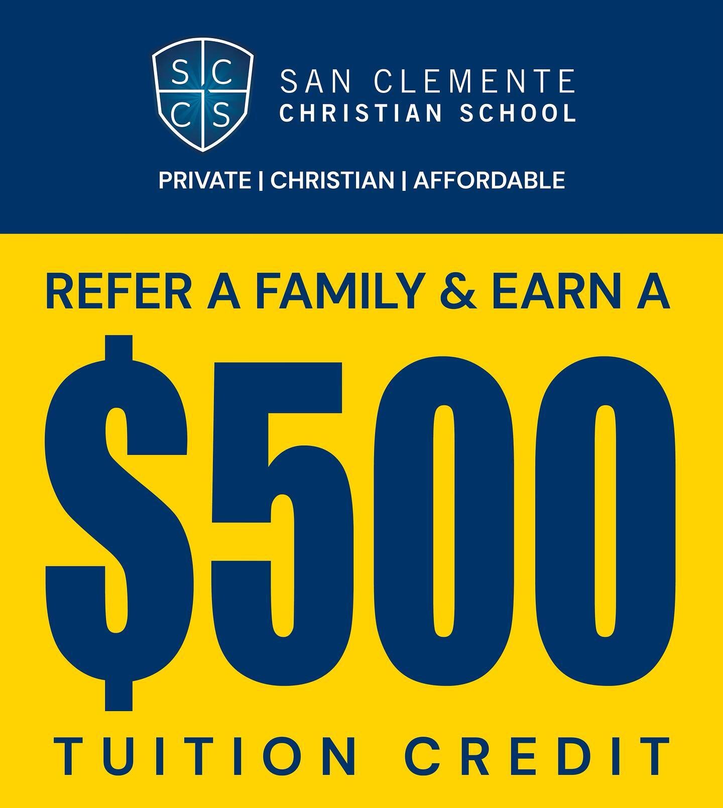 Now is a great time to tell your family, friends and neighbors about SCCS!

Enrollment is open for Fall 2023 for all grades. If you&rsquo;re a current family, you can get a $500 credit for referring a new enrolling family for the fall.

Offer good Ma