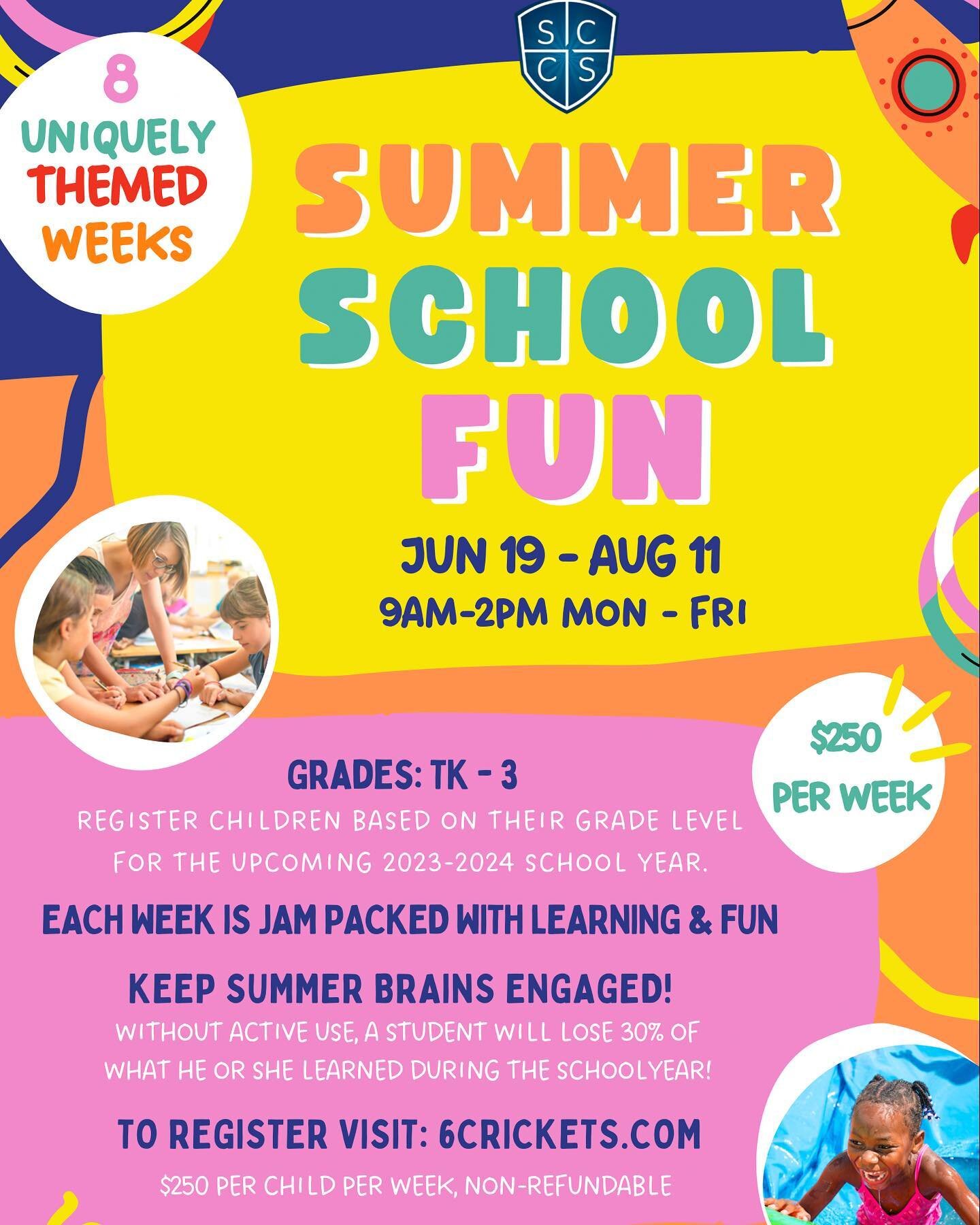 ☀️ SUMMER IS COMING! ☀️ SCCS is home to the best summer program for your kids. 8 weeks of learning and fun for kids entering TK-3rd grade. Mondays thru Fridays 9am - 2pm, perfect for working parents. Secure your student&rsquo;s spot now by clicking t