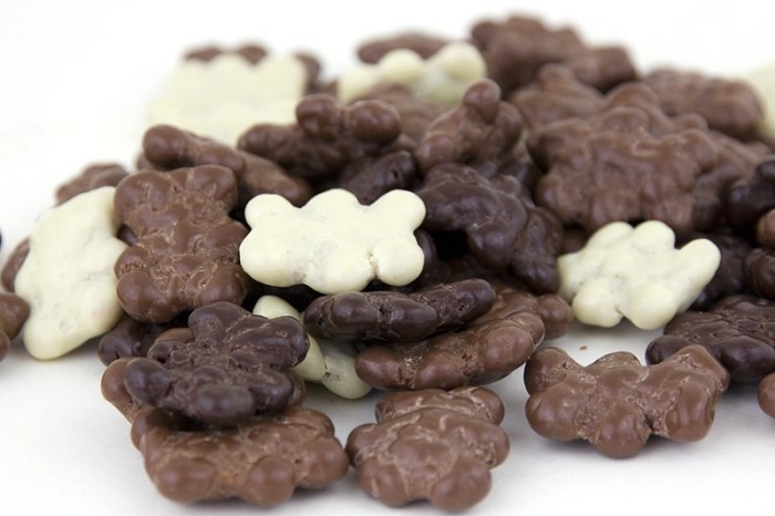 multiple bear shapes covered in dark, milk and white chocolate